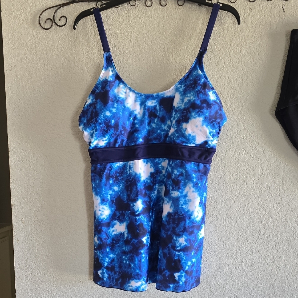 Blue Tie-Dye Tankini Top with Navy Band